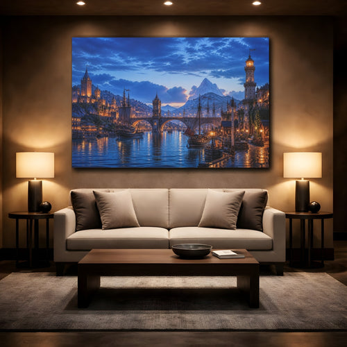Mockup 2. Harbor Landscape At Twilight shown as canvas print