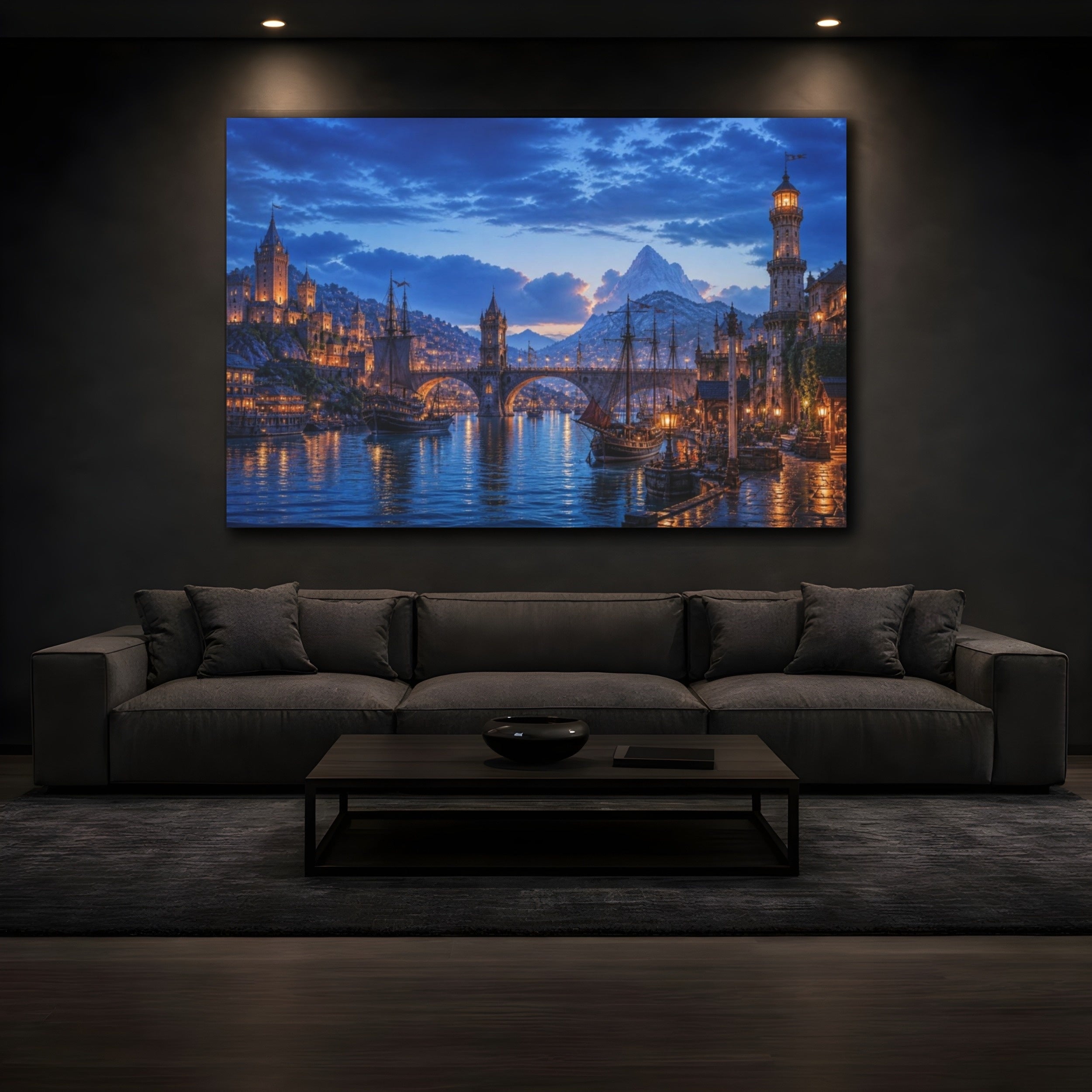Mockup 3. Harbor Landscape At Twilight shown as canvas print
