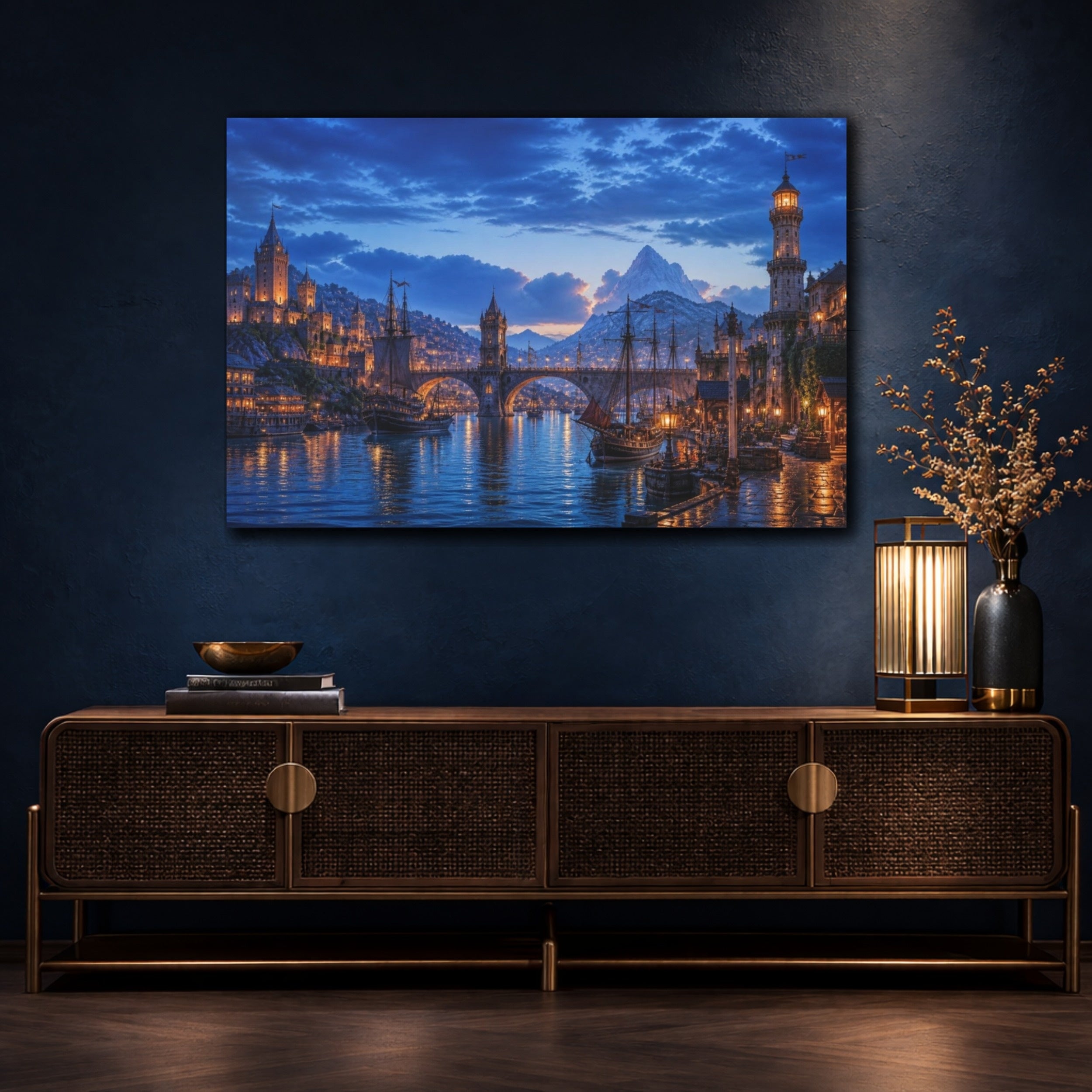 Mockup 4. Harbor Landscape At Twilight shown as canvas print