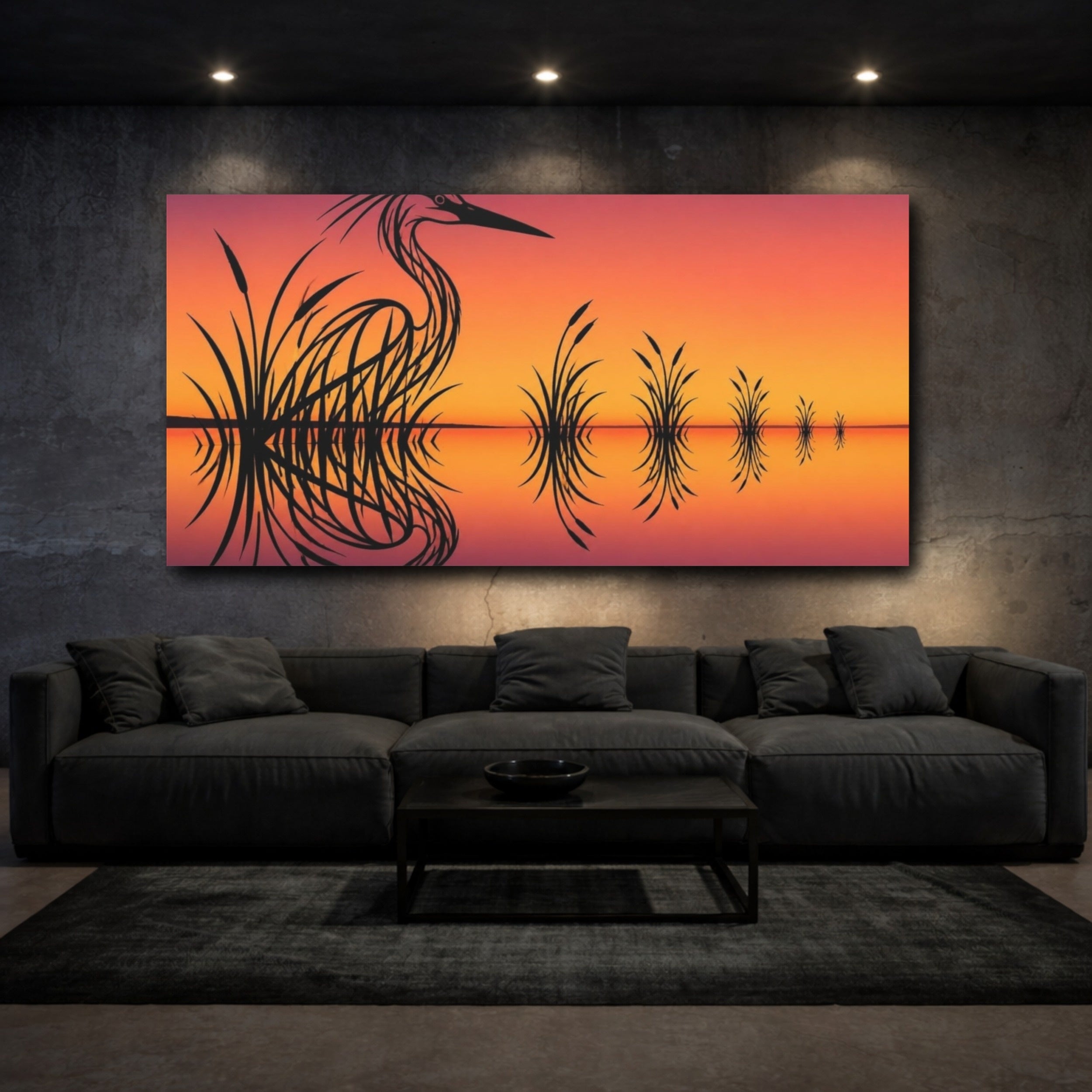 Mockup 3. Heron Illusion Reflection shown as canvas print
