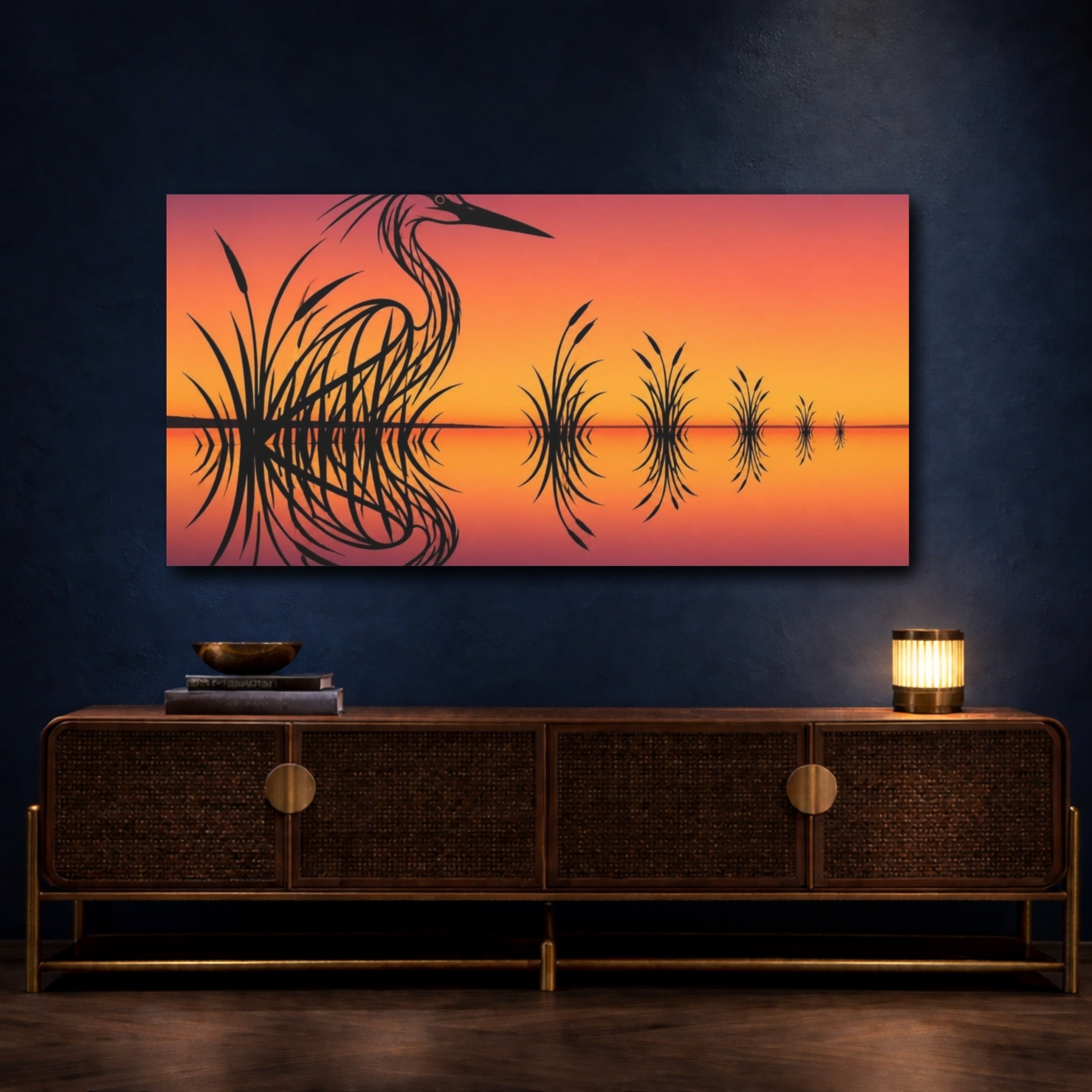 Mockup 4. Heron Illusion Reflection shown as canvas print