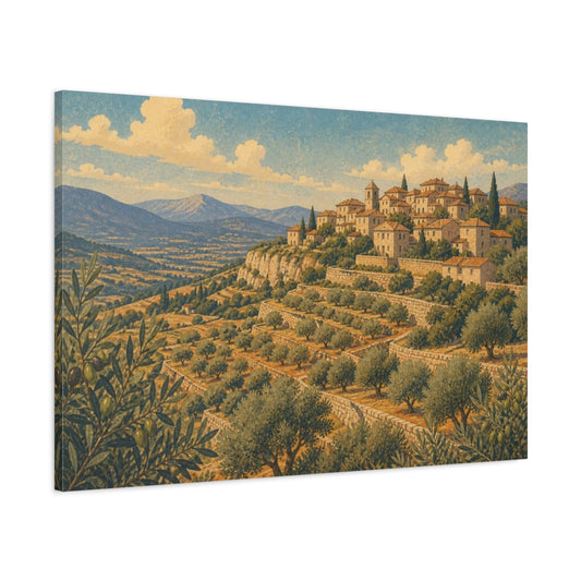 Main Mockup. Hilltop Olive Landscape shown as canvas print
