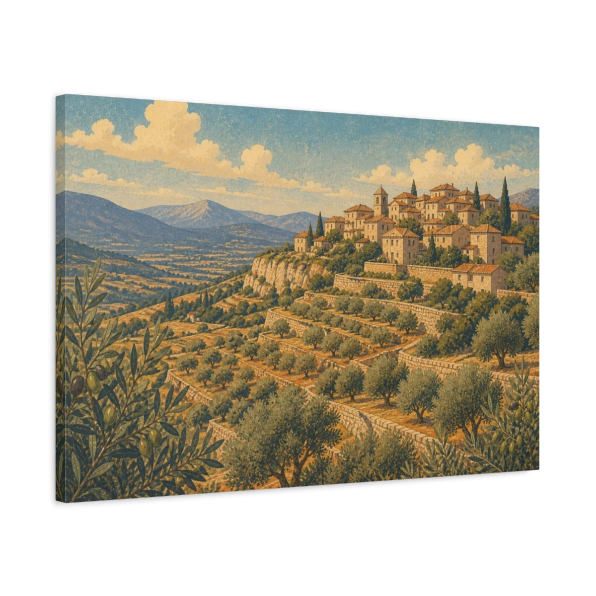 Side Mockup 2. Hilltop Olive Landscape shown as canvas print