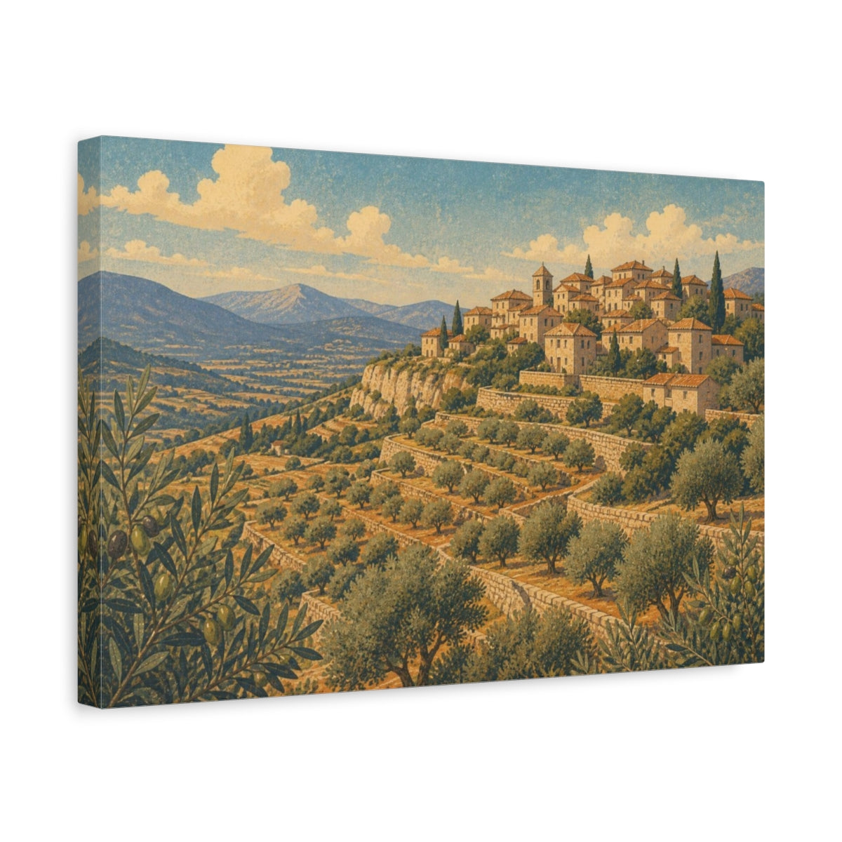 Side Mockup 4. Hilltop Olive Landscape shown as canvas print
