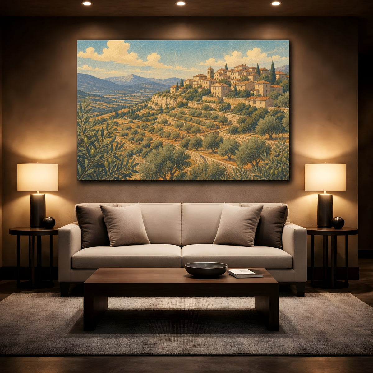 Mockup 2. Hilltop Olive Landscape shown as canvas print