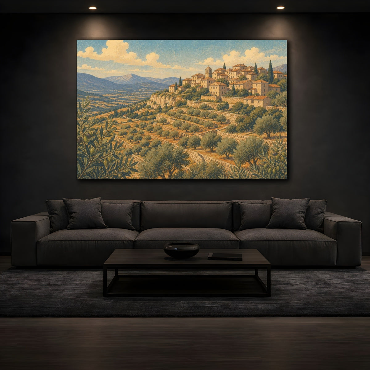Mockup 3. Hilltop Olive Landscape shown as canvas print