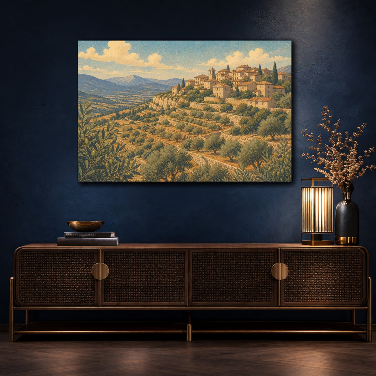 Mockup 4. Hilltop Olive Landscape shown as canvas print