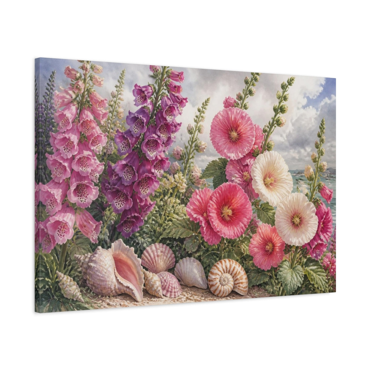 Main Mockup. Hollyhock Flowers By The Sea shown as canvas print
