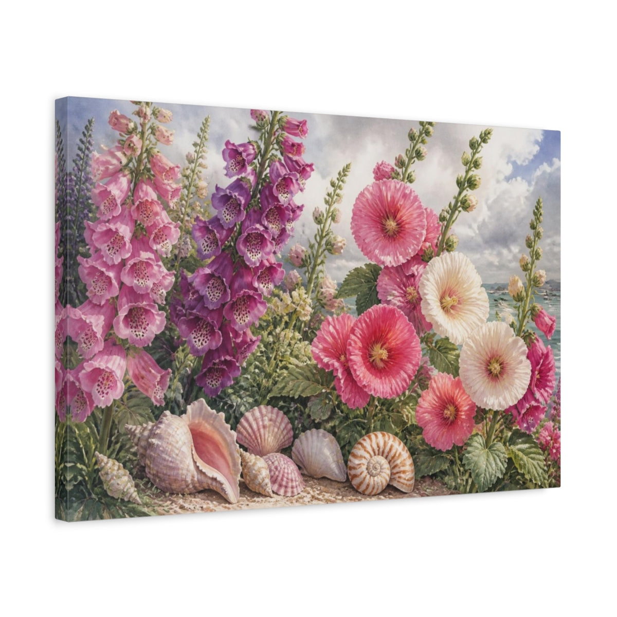 Side Mockup 3. Hollyhock Flowers By The Sea shown as canvas print