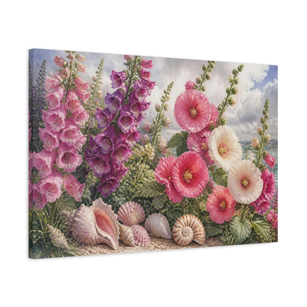 Side Mockup 2. Hollyhock Flowers By The Sea shown as canvas print