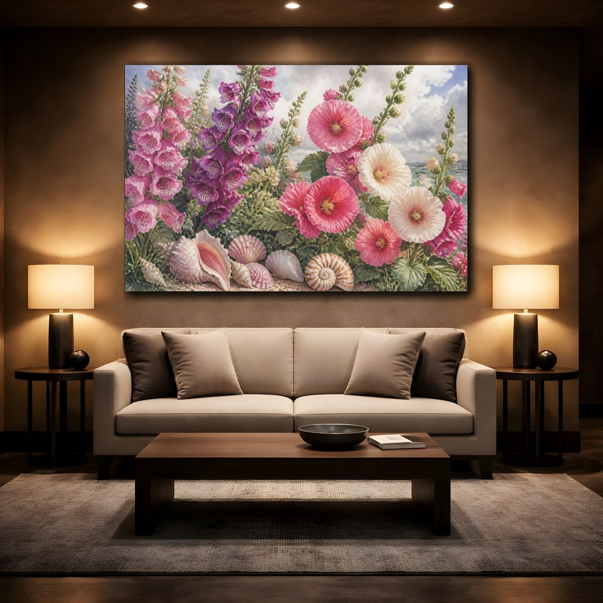 Mockup 2. Hollyhock Flowers By The Sea shown as canvas print