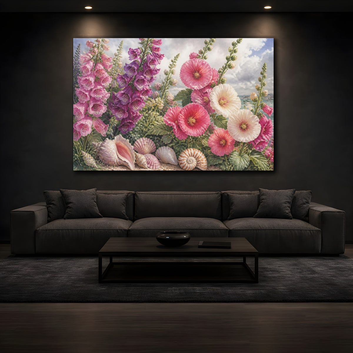 Mockup 3. Hollyhock Flowers By The Sea shown as canvas print