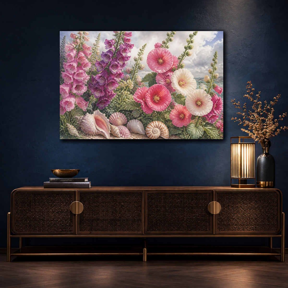 Mockup 4. Hollyhock Flowers By The Sea shown as canvas print