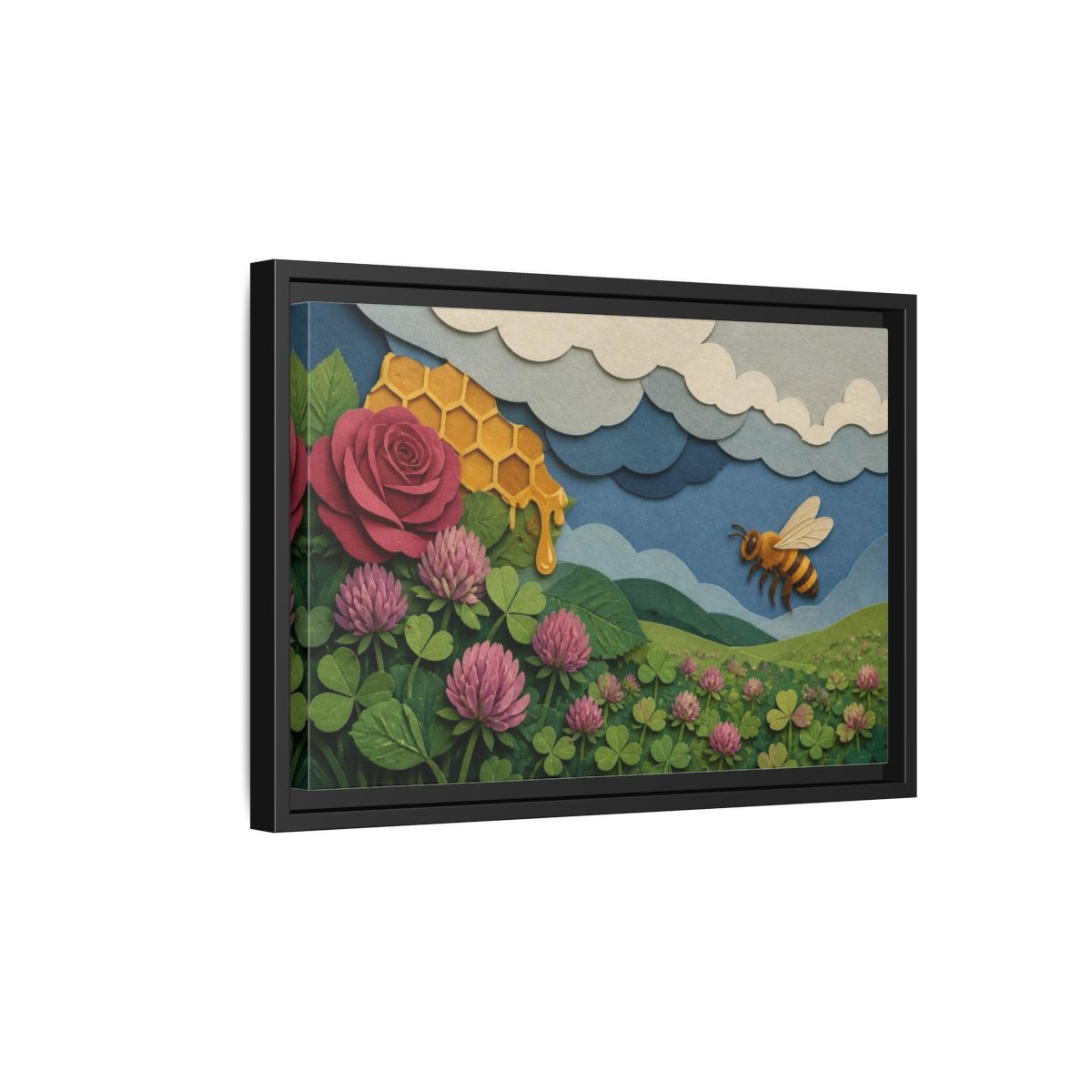 Side Mockup 6. Honeybee Meadow Nature shown as framed canvas print