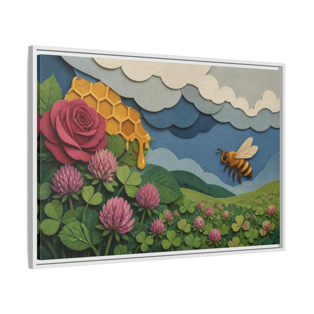 Side Mockup 9. Honeybee Meadow Nature shown as framed canvas print