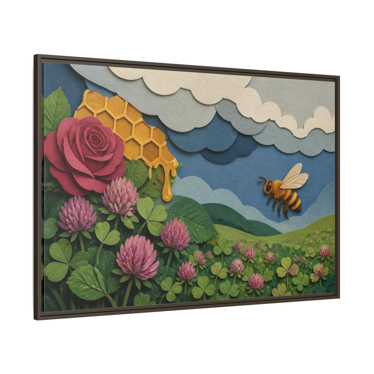 Side Mockup 8. Honeybee Meadow Nature shown as framed canvas print