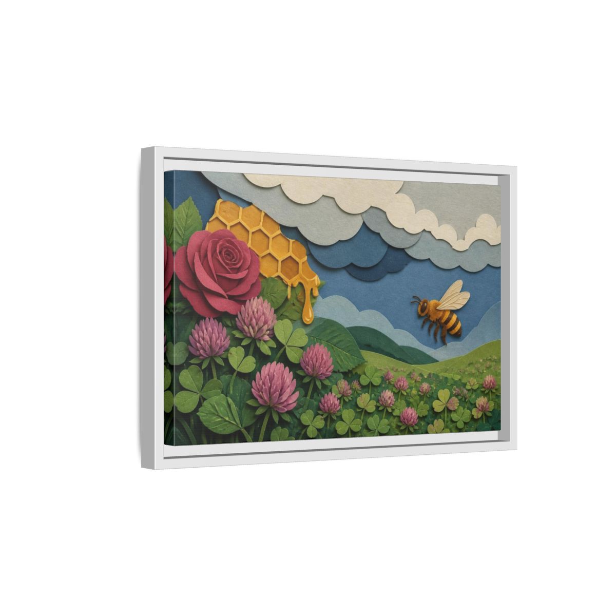 Side Mockup 4. Honeybee Meadow Nature shown as framed canvas print