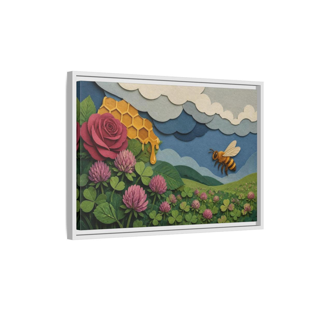 Side Mockup 1. Honeybee Meadow Nature shown as framed canvas print