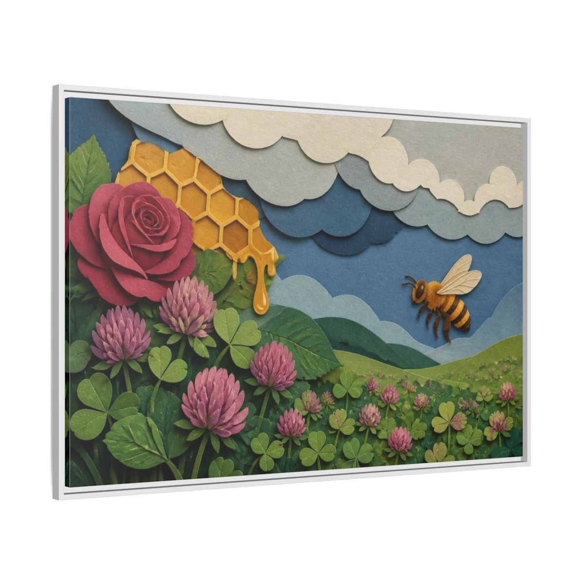 Side Mockup 7. Honeybee Meadow Nature shown as framed canvas print