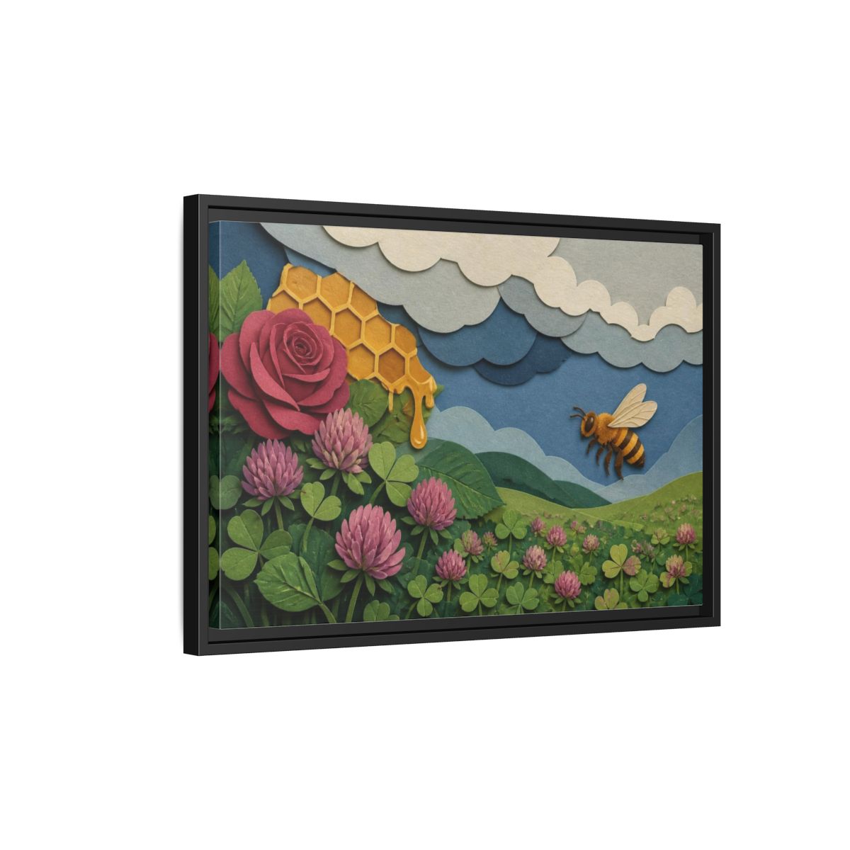Side Mockup 3. Honeybee Meadow Nature shown as framed canvas print