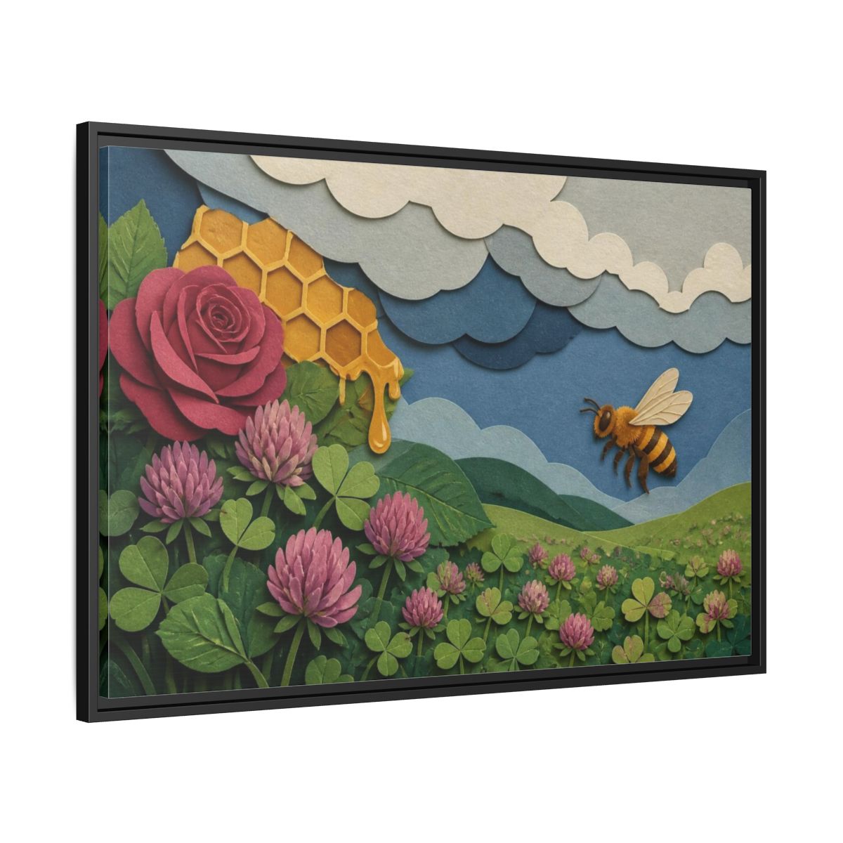 Side Mockup 13. Honeybee Meadow Nature shown as framed canvas print