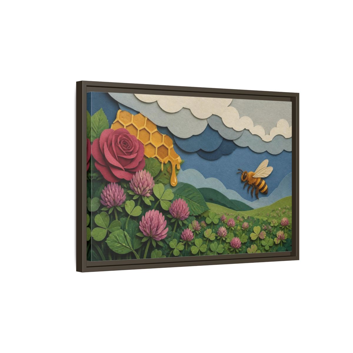Side Mockup 2. Honeybee Meadow Nature shown as framed canvas print
