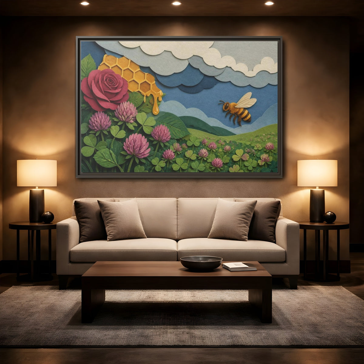 Mockup 2. Honeybee Meadow Nature shown as framed canvas print