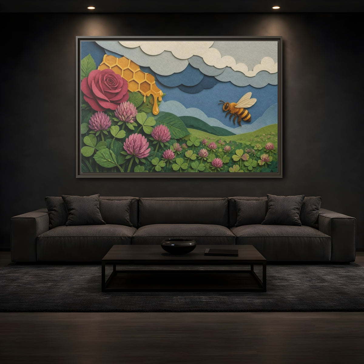 Mockup 3. Honeybee Meadow Nature shown as framed canvas print