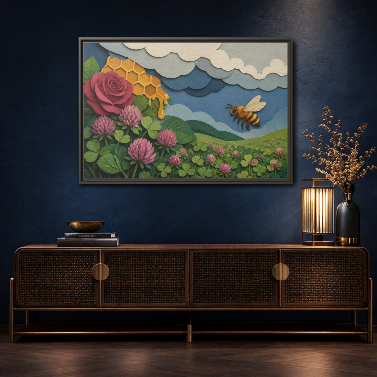 Mockup 4. Honeybee Meadow Nature shown as framed canvas print