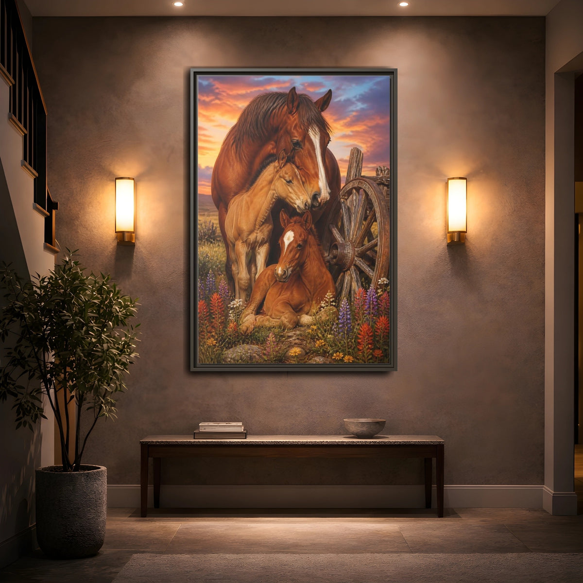 Mockup 2. Horse Family Animals shown as framed canvas print