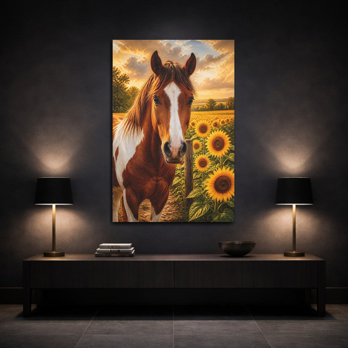 Mockup 3. Horse In Sunflower Field shown as canvas print