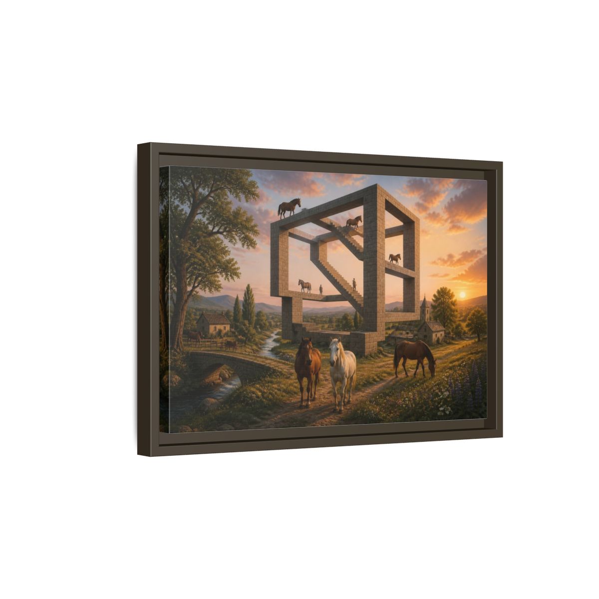 Side Mockup 5. Horses On Impossible Structure shown as framed canvas print