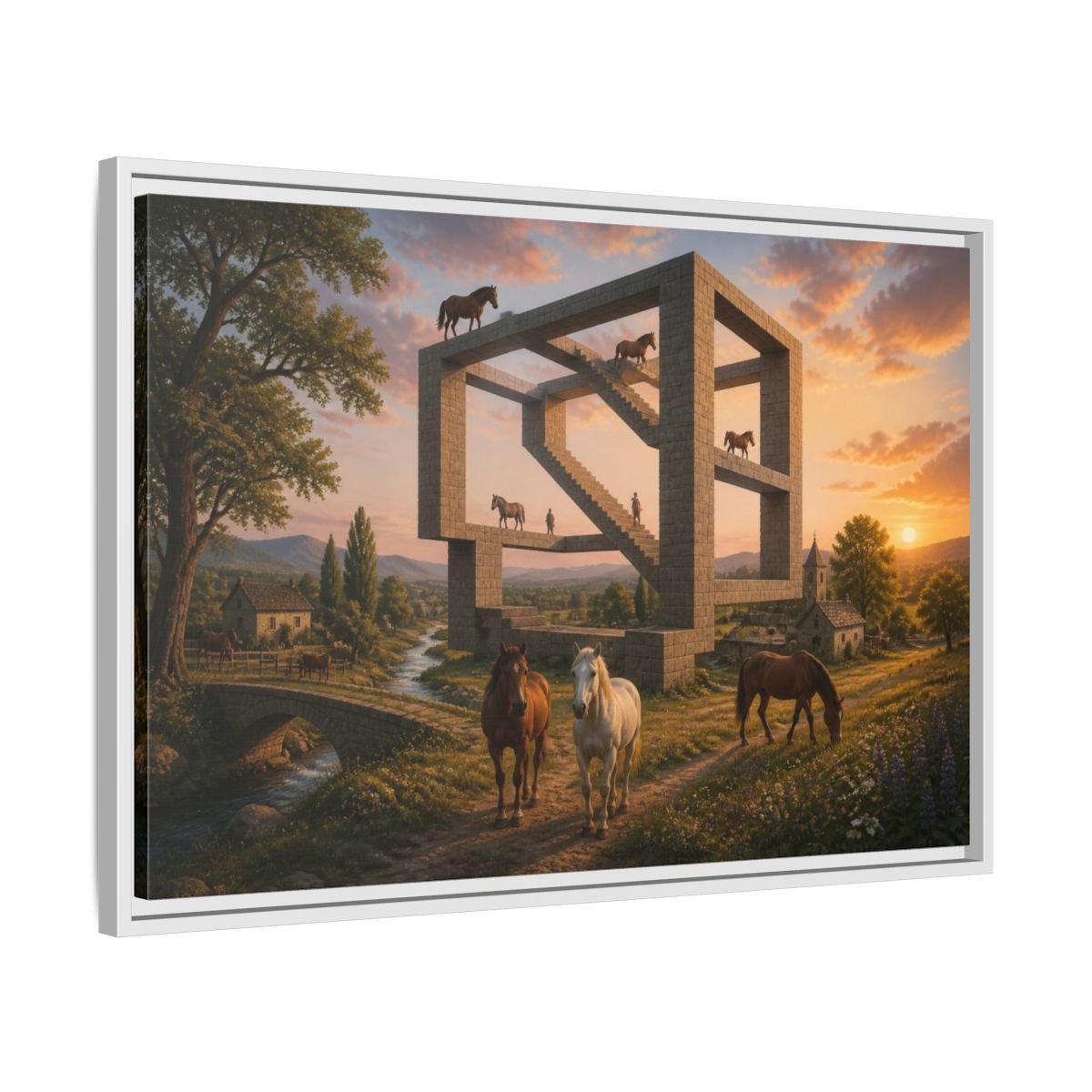Side Mockup 10. Horses On Impossible Structure shown as framed canvas print