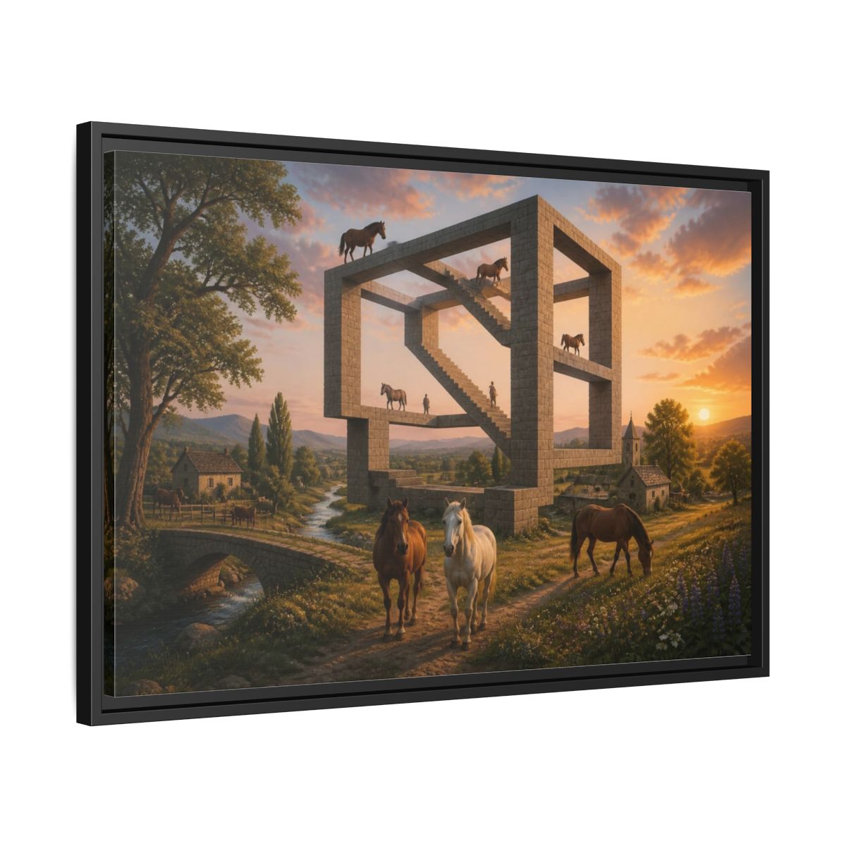 Side Mockup 14. Horses On Impossible Structure shown as framed canvas print