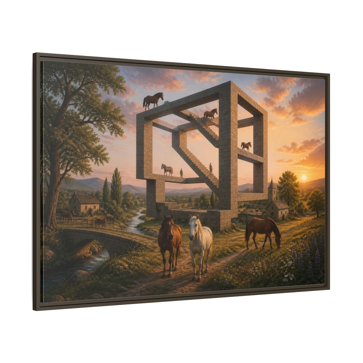 Side Mockup 8. Horses On Impossible Structure shown as framed canvas print
