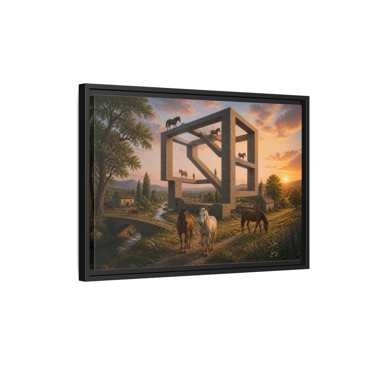 Side Mockup 3. Horses On Impossible Structure shown as framed canvas print