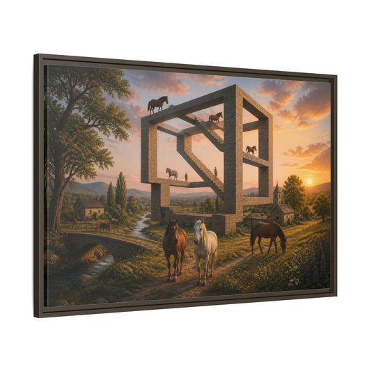 Main Mockup. Horses On Impossible Structure shown as framed canvas print