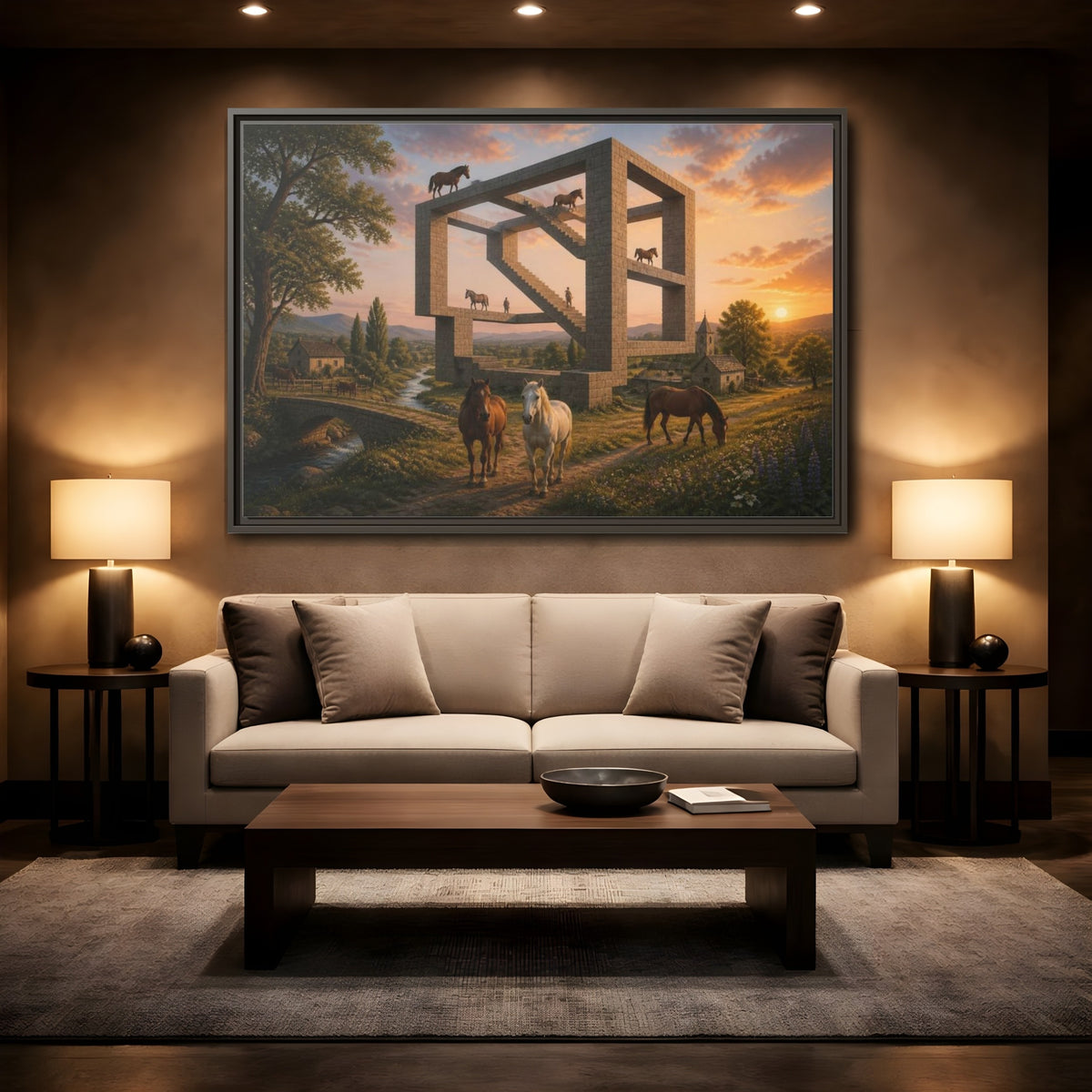Mockup 2. Horses On Impossible Structure shown as framed canvas print