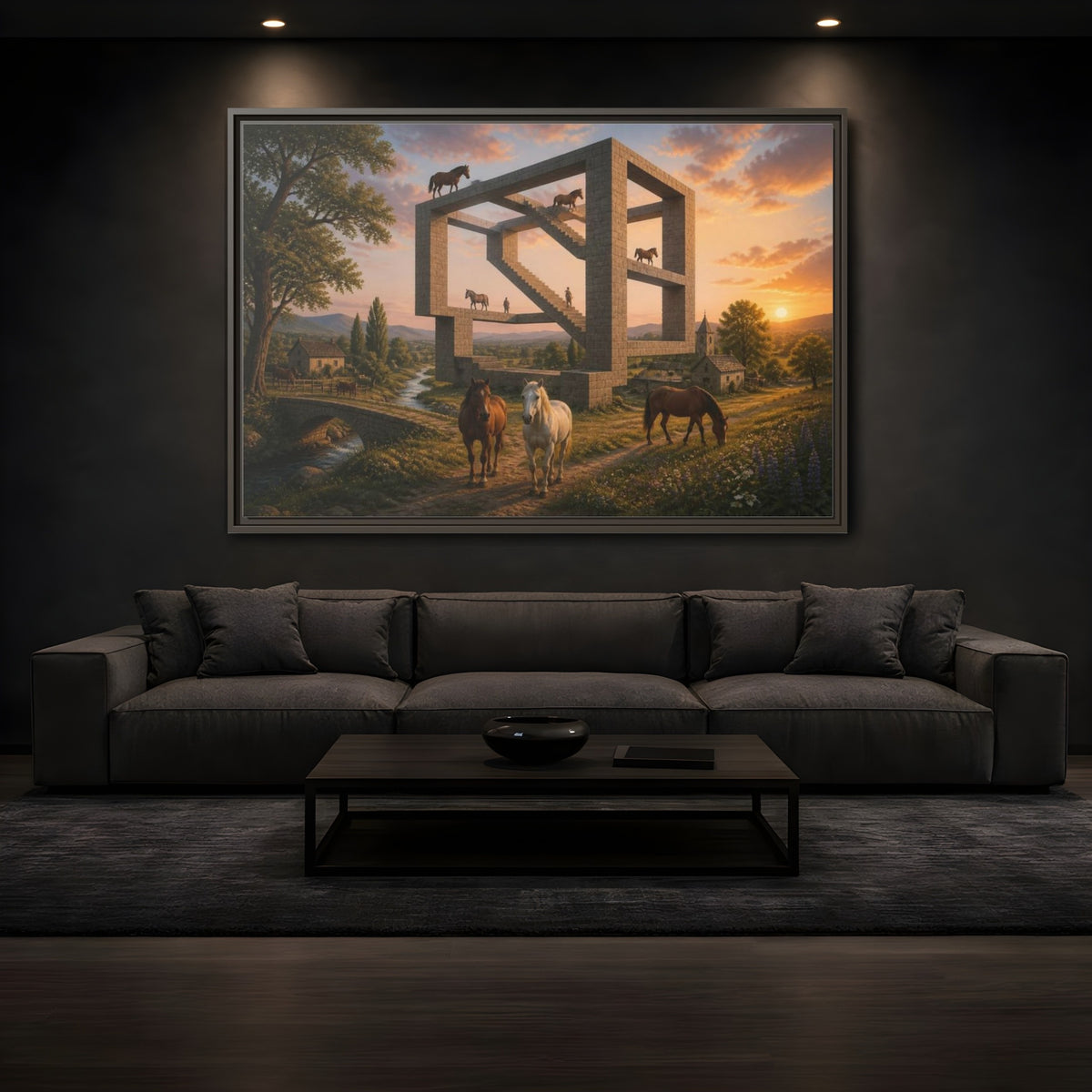 Mockup 3. Horses On Impossible Structure shown as framed canvas print