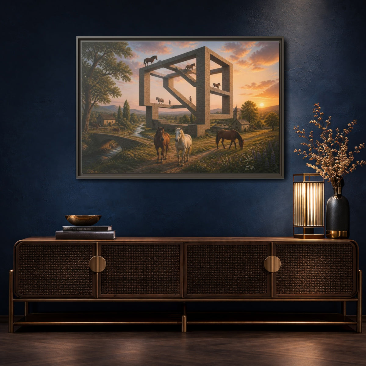 Mockup 4. Horses On Impossible Structure shown as framed canvas print