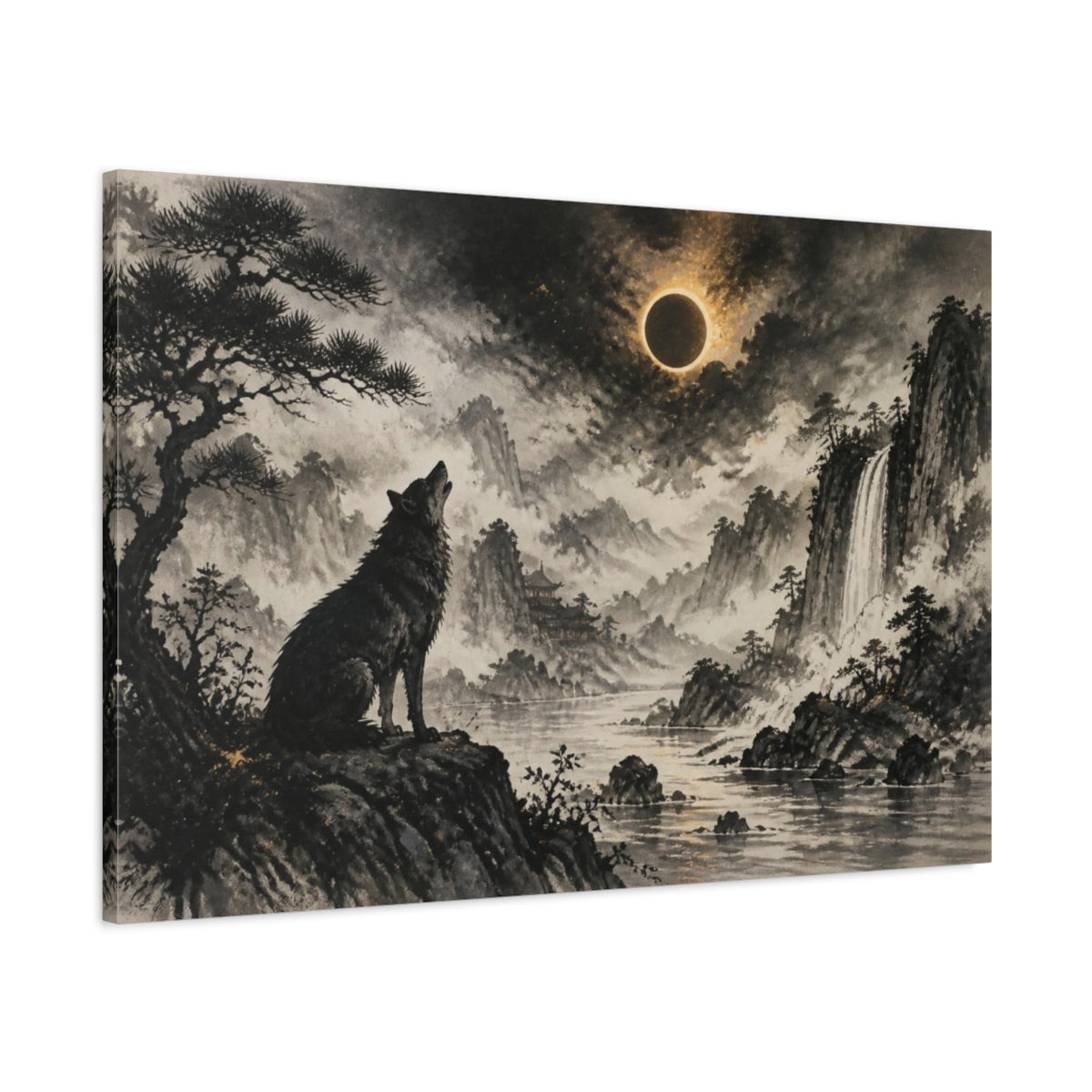 Main Mockup. Howling Wolf Eclipse Landscape shown as canvas print
