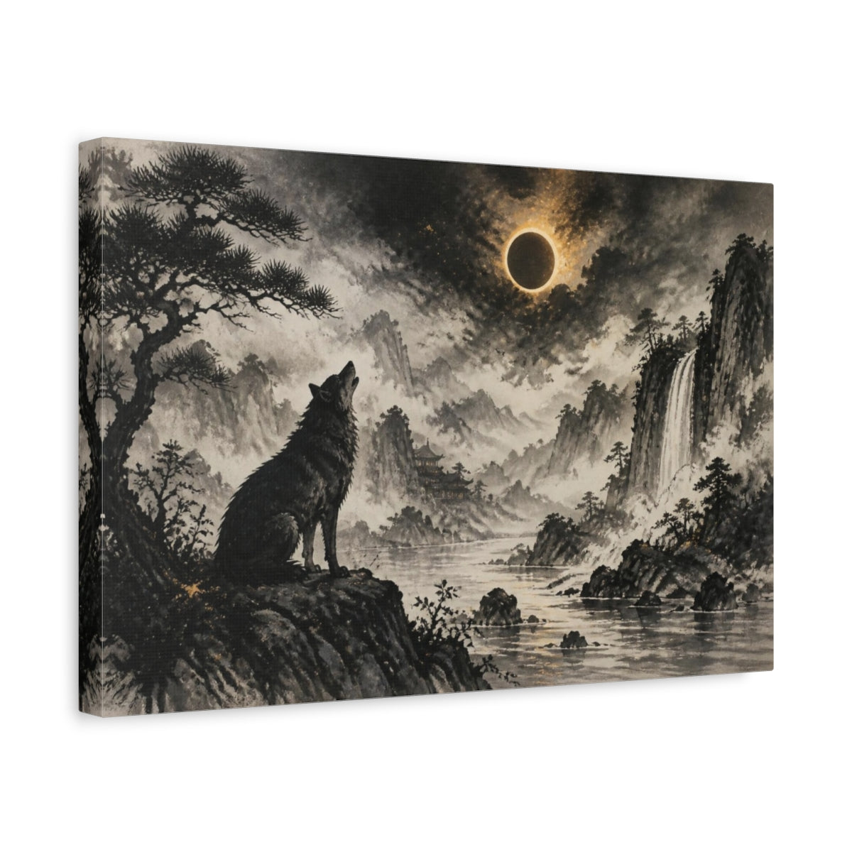Side Mockup 4. Howling Wolf Eclipse Landscape shown as canvas print