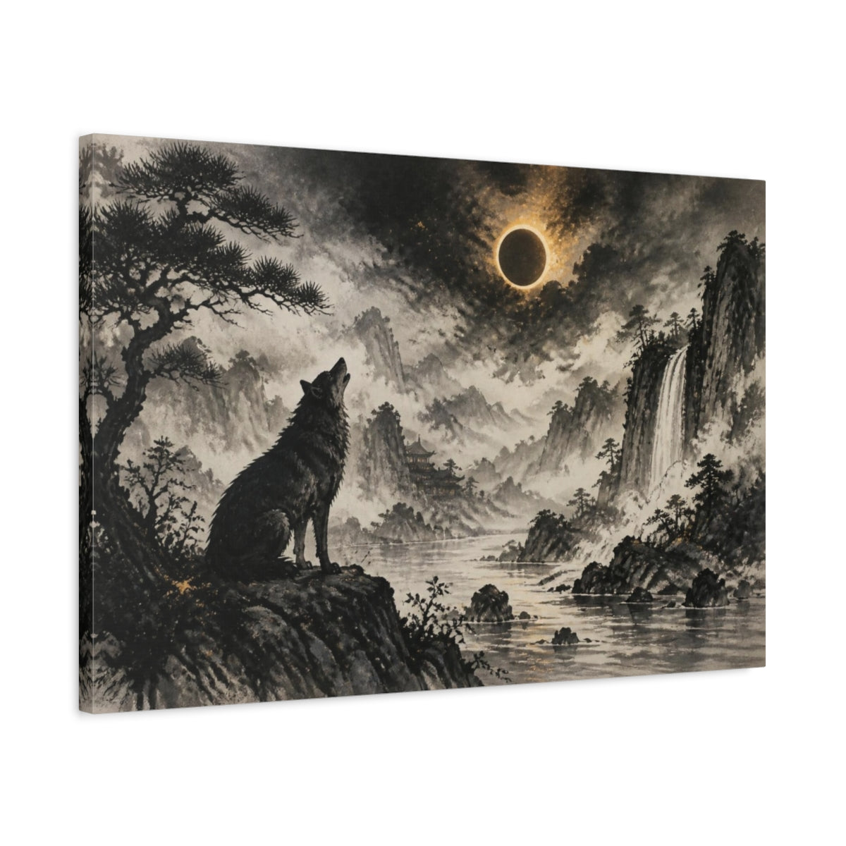Side Mockup 2. Howling Wolf Eclipse Landscape shown as canvas print