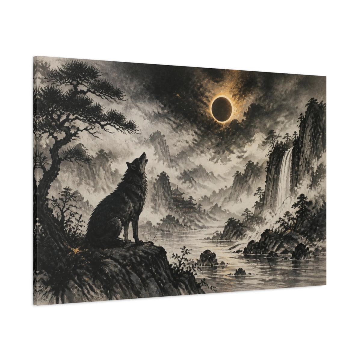 Side Mockup 1. Howling Wolf Eclipse Landscape shown as canvas print