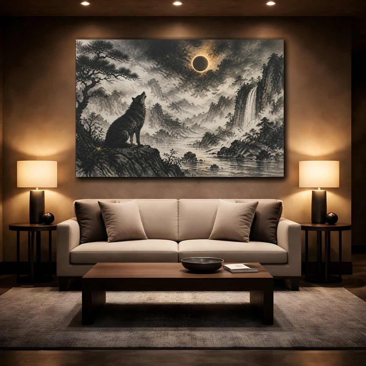 Mockup 2. Howling Wolf Eclipse Landscape shown as canvas print