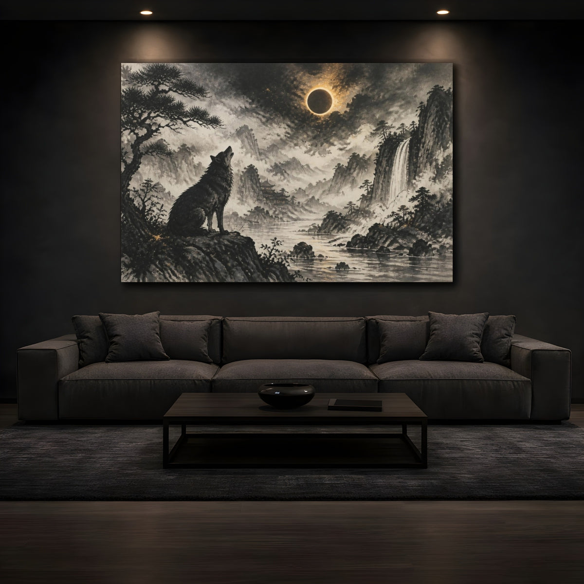 Mockup 3. Howling Wolf Eclipse Landscape shown as canvas print