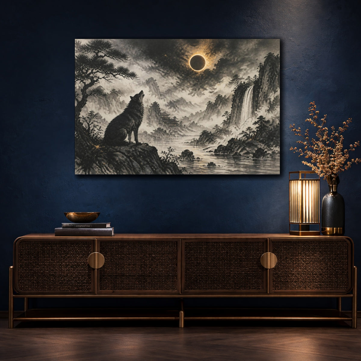 Mockup 4. Howling Wolf Eclipse Landscape shown as canvas print