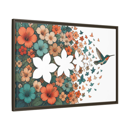 Main Mockup. Hummingbird Floral Illusion shown as framed canvas print