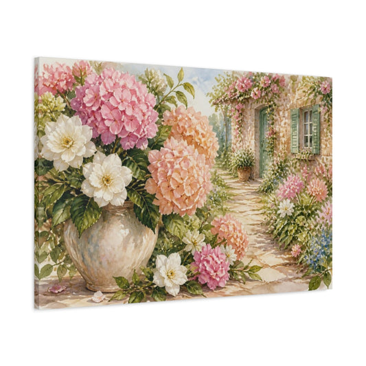 Main Mockup. Hydrangea Flowers By Cottage Path shown as canvas print