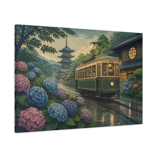 Main Mockup. Hydrangea Tram In Rain shown as canvas print